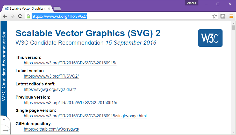 Screenshot of the main page of the W3C SVG 2 spec online, a Candidate Recommendation as of 15 September 2016.