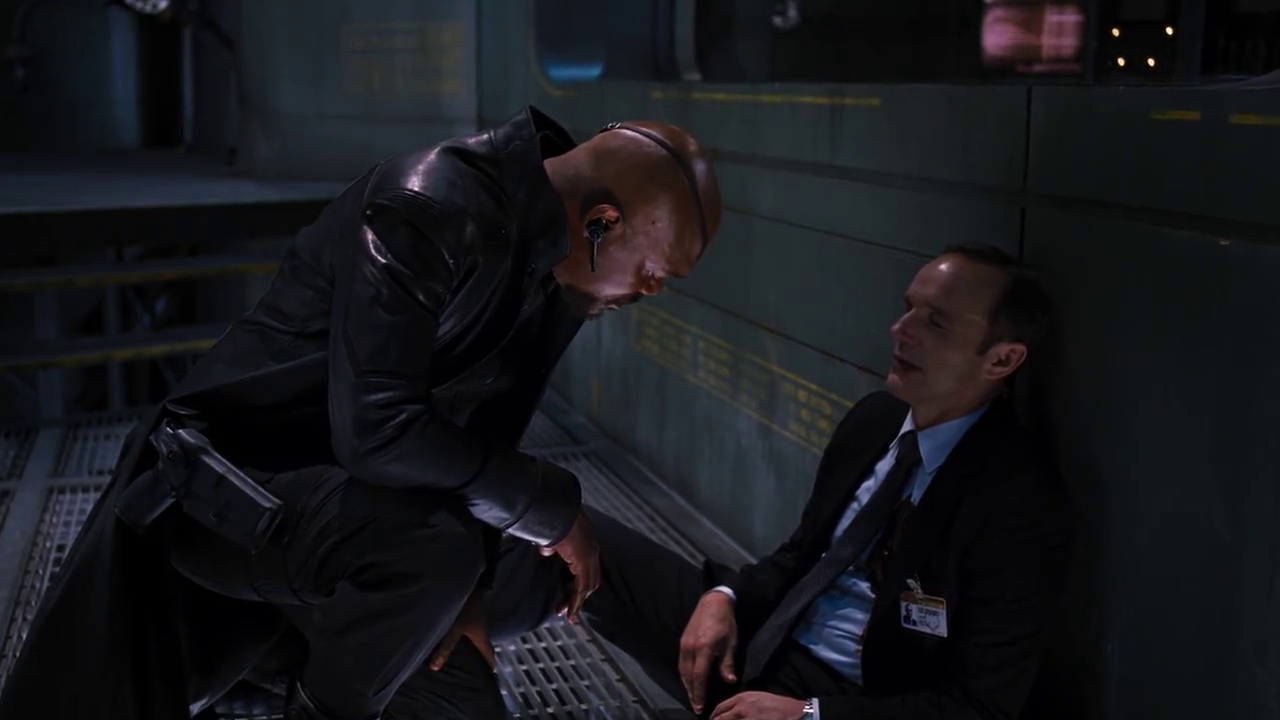 Film still of Agent Coulson's death scene in The Avengers.