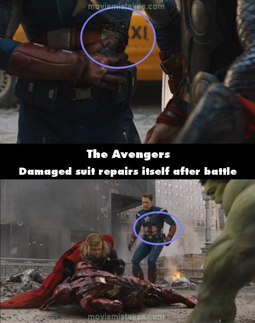 Image from MovieMistakes.com, comparing two screenshots from The Avengers, with Captain America's damaged uniform circled in one shot, and the same part of his uniform circled, undamaged, in the second shot. Text says: The Avengers, Damaged suit repairs itself after battle.
