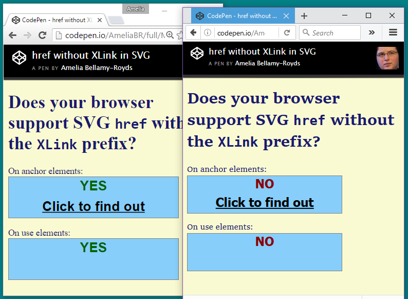 Screenshot of href without Xlink browser test, from the linked CodePen, in supporting and unsupporting browsers (Chrome 52 vs Firefox 50)